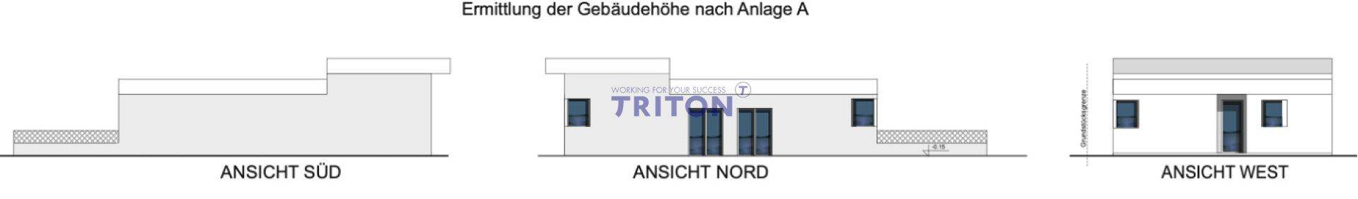 Ansichten des Gebäudes von Süden, Norden und Westen mit moderner Architektur und Flachdach.