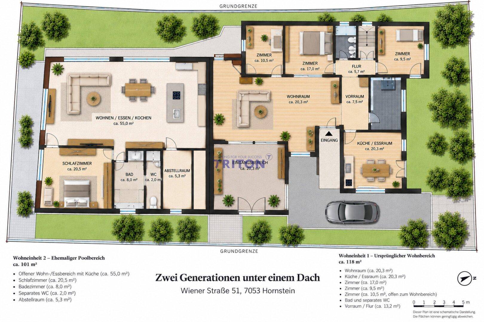 Detaillierter Grundriss für ein Zweigenerationenhaus mit offenem Wohnbereich und Garten.