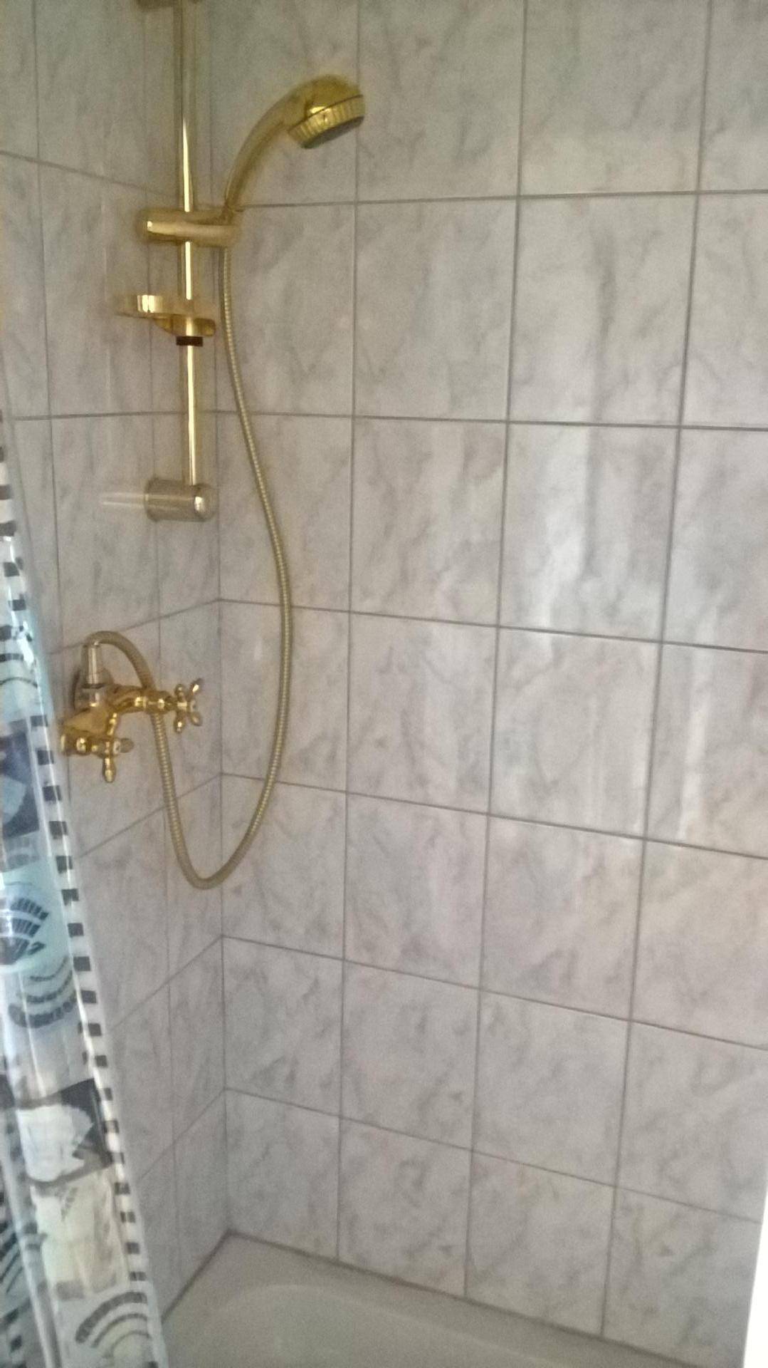 Geflieste Dusche mit goldfarbenen Armaturen und Duschvorhang.