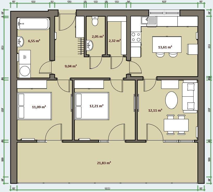 Grundriss einer Wohnung mit drei Schlafzimmern, zwei Bädern, separater Küche und großzügiger Terrasse.
