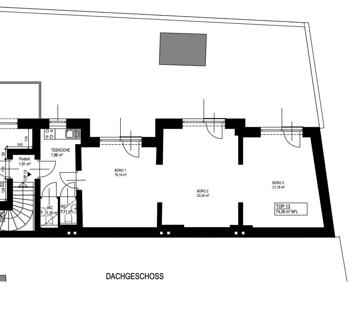 Grundriss des Dachgeschosses mit Teeküche, mehreren Büroräumen und separatem WC.