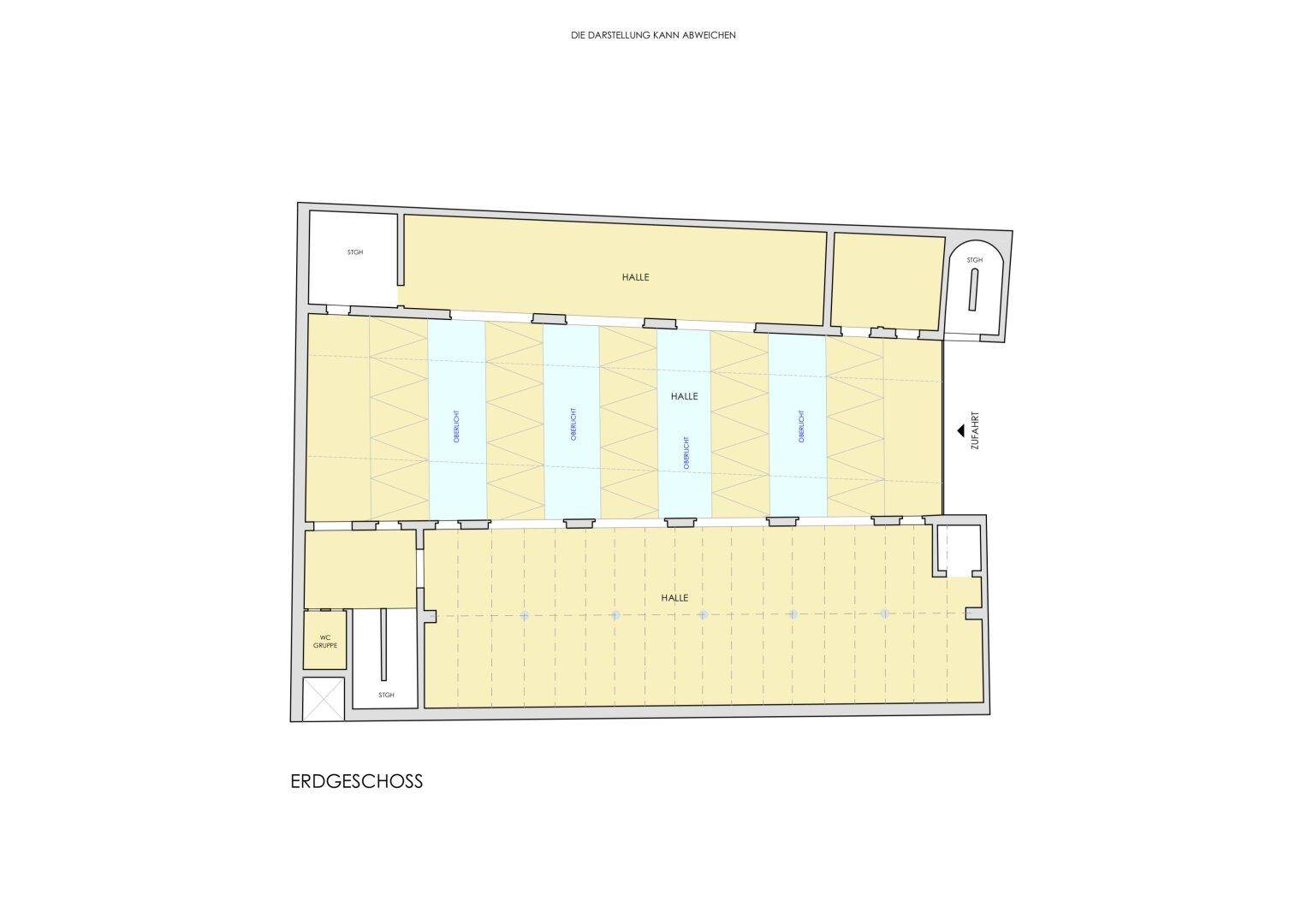 Grundriss des Erdgeschosses mit mehreren großen Hallenbereichen und klaren Zugängen.