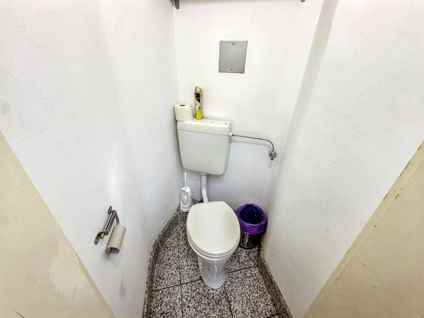 Kleine separate Toilette mit Spülkasten und gefliestem Boden in einem schlichten Design.