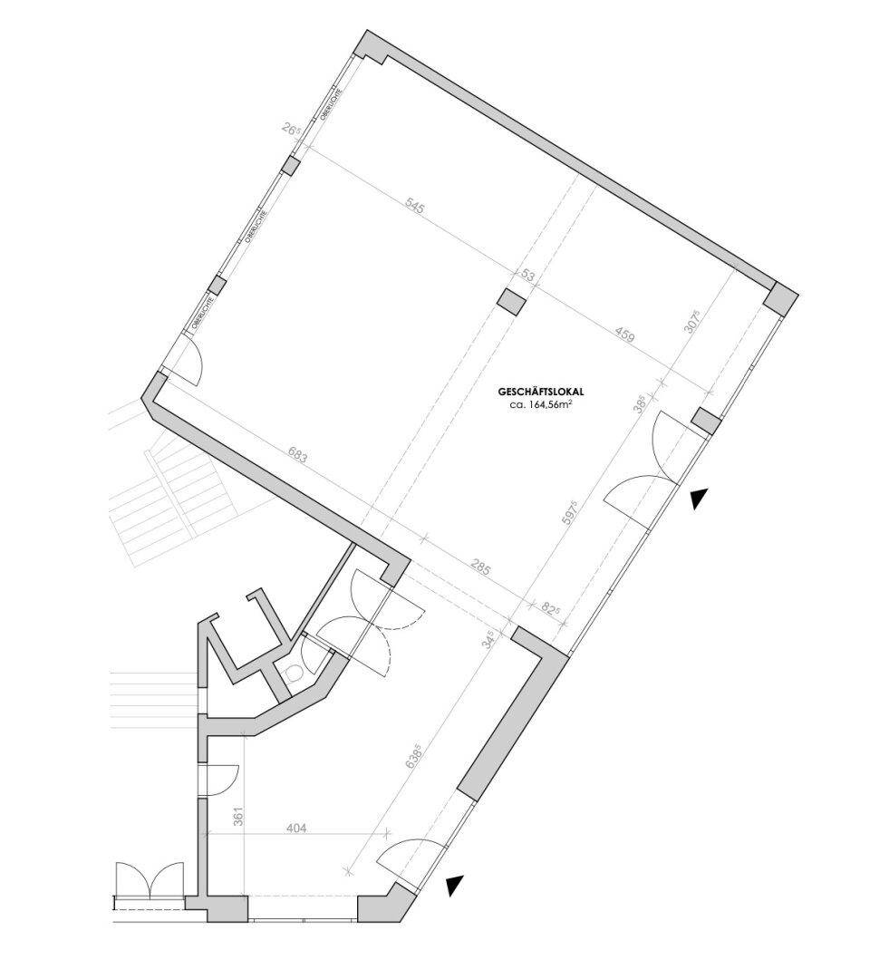 Grundriss eines Geschäftslokals mit einer Fläche von ca. 164,56 m², inklusive Hauptraum und Nebenräumen.