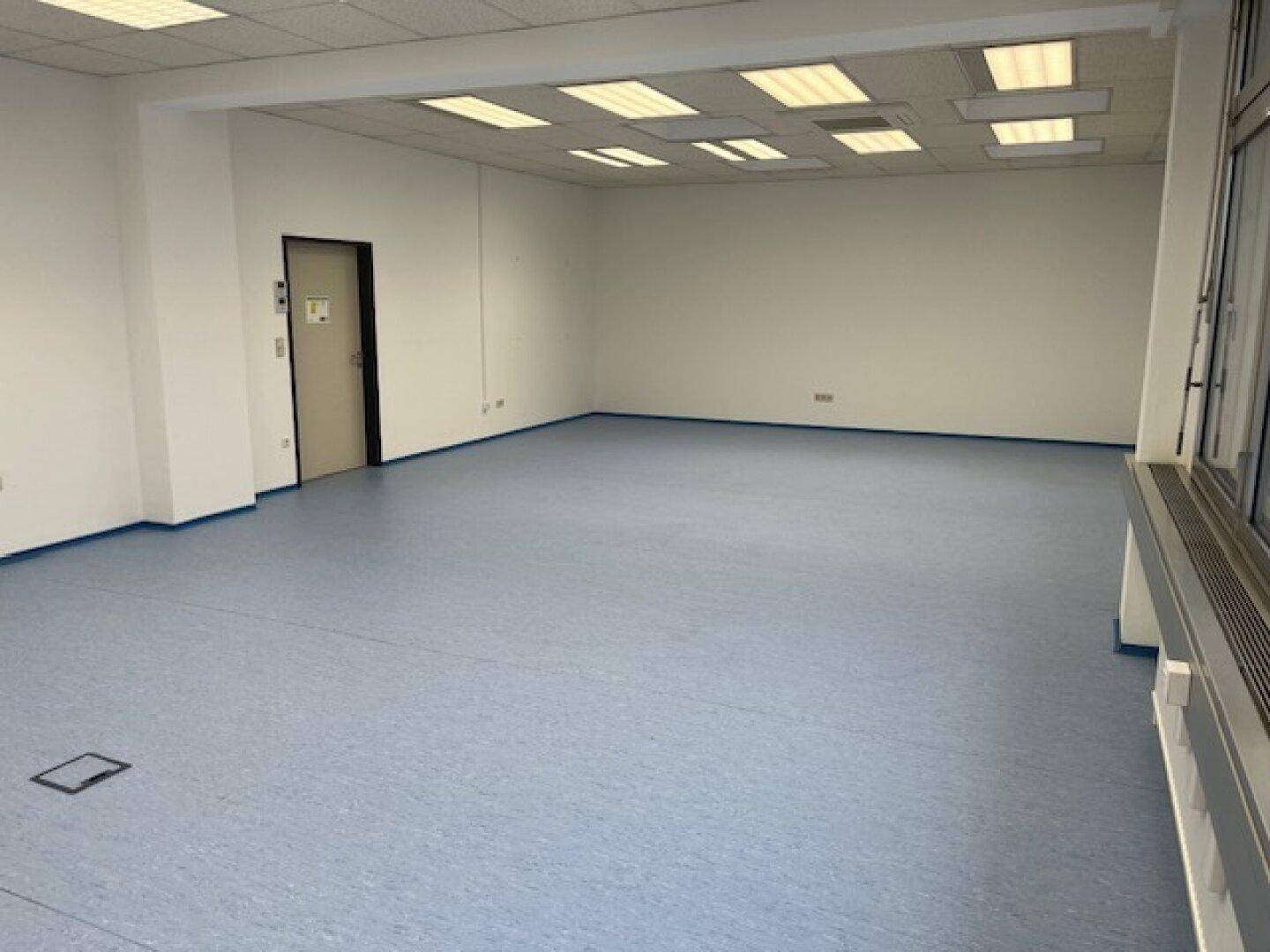 Sauberer Bürobereich mit weiß gestrichenen Wänden, blaugrauem Boden und Einbaulampen.