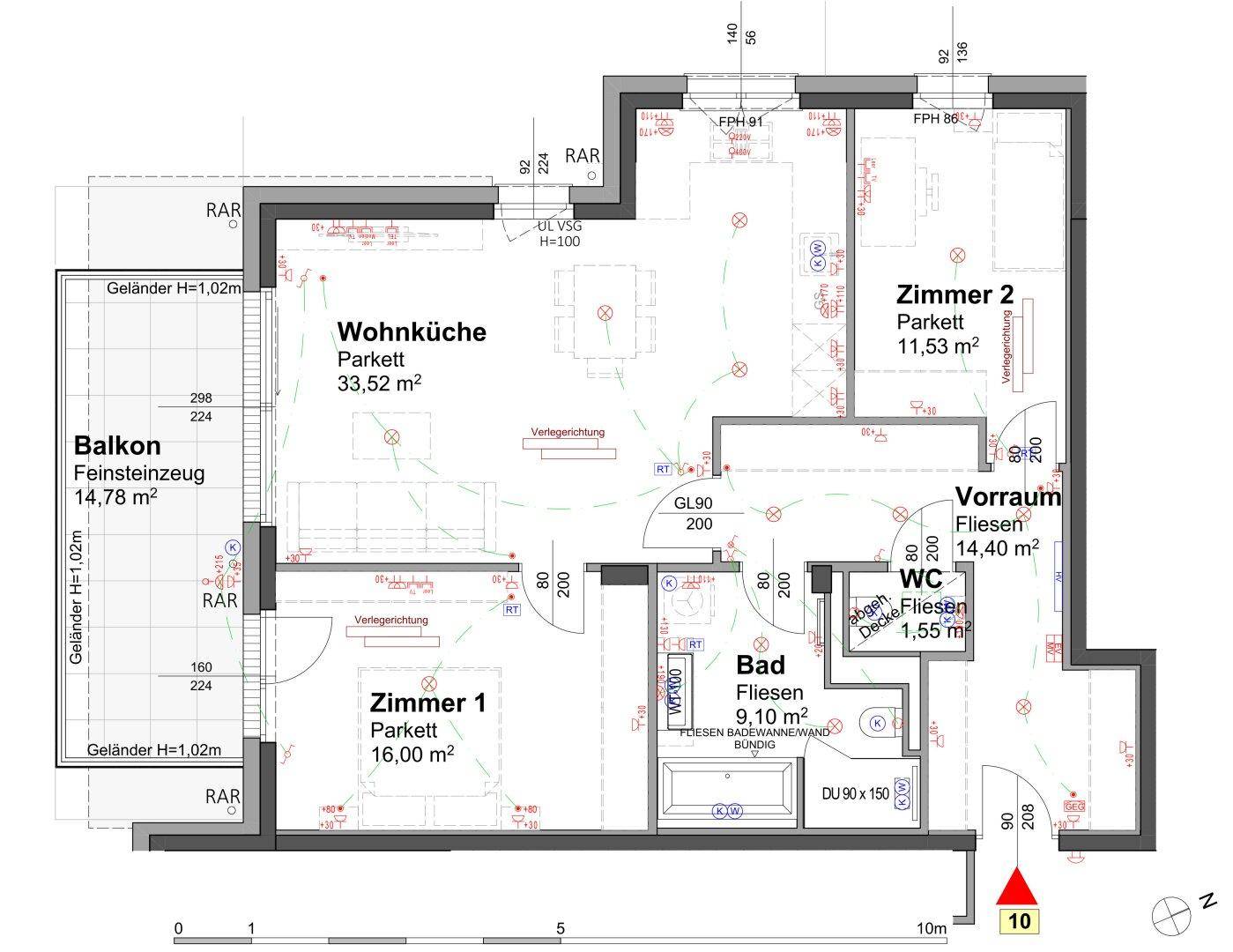 Detaillierter Grundriss einer Wohnung mit Wohnküche, zwei Zimmern und Balkon.
