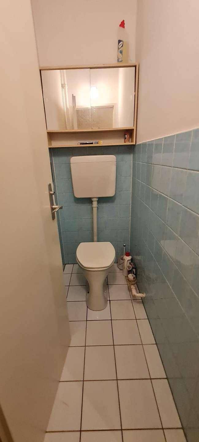 Separates WC mit blauen Fliesen, Toilette und Spiegelschrank.