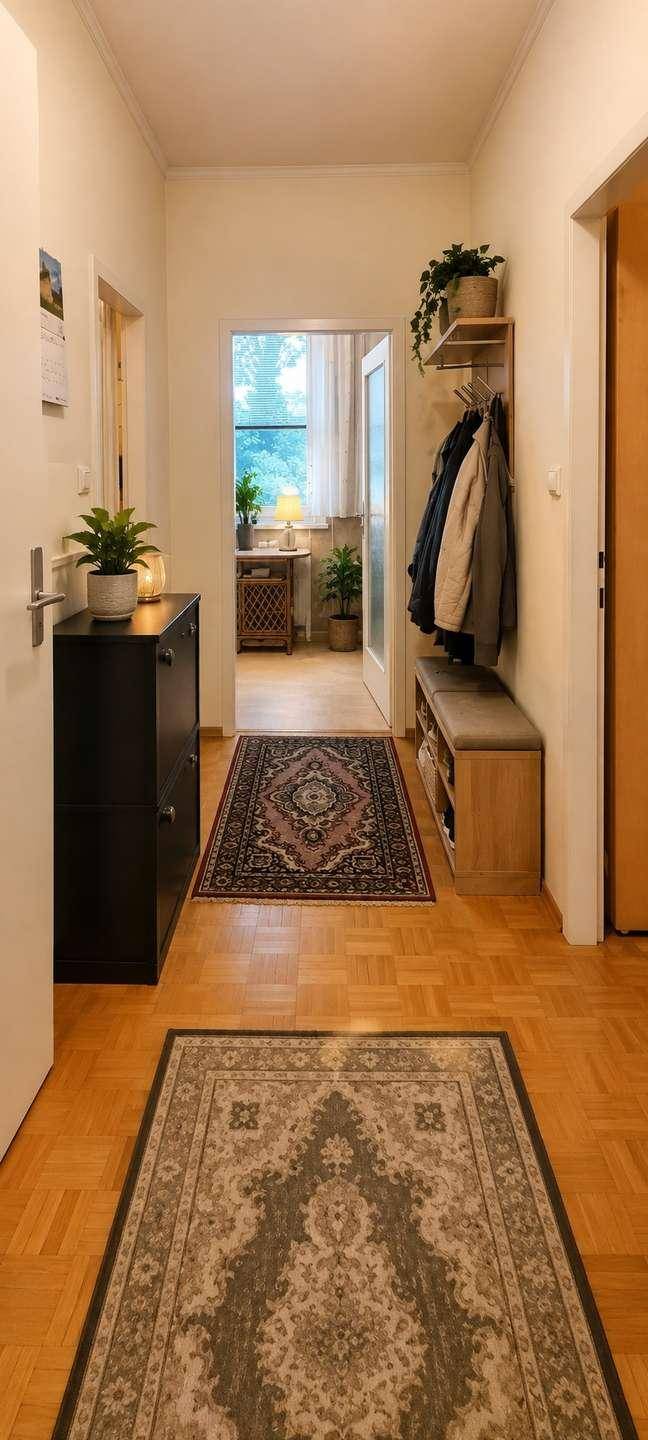 Heller Flur mit Parkettboden, Garderobe und Teppichen.