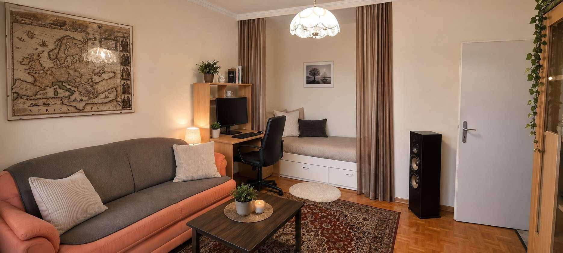 Gemütliches Wohnzimmer mit Sofa, Schreibtisch und einem Bett in einer Nische.