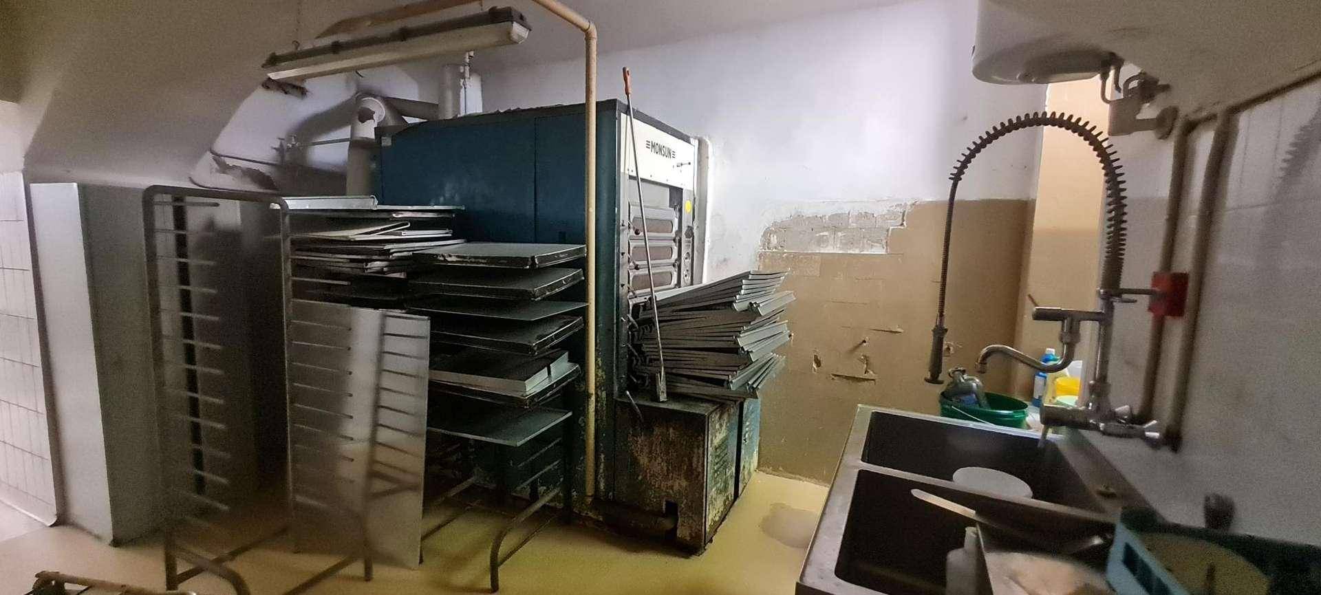 Spülbereich mit flexiblem Wasserhahn neben einem großen Industrieofen und Regalen in einer älteren Küche.
