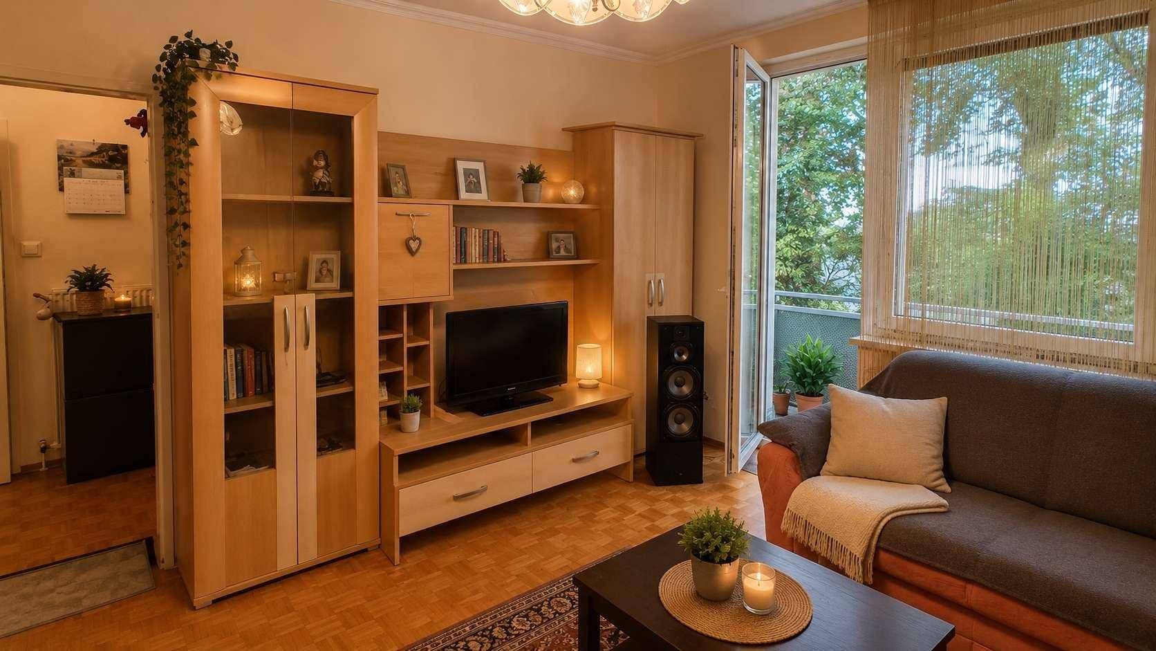 Wohnzimmer mit Holzmöbeln, Fernseher und Zugang zu einem hellen Balkon.