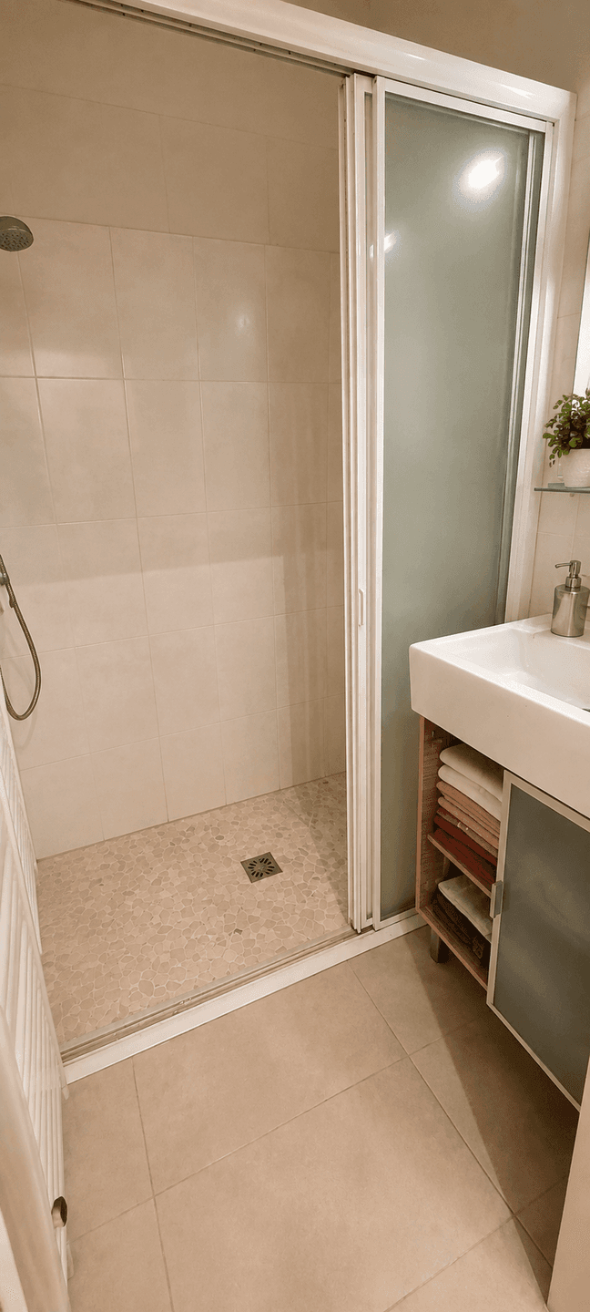 Modernes Badezimmer mit begehbarer Dusche, Waschbecken und hellen Fliesen.