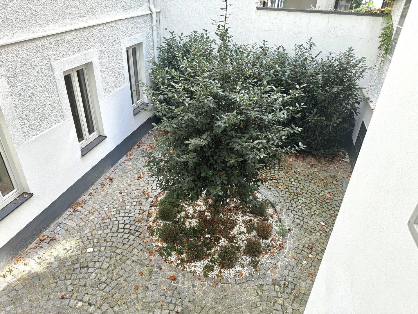 Ruhiger Innenhof mit Kopfsteinpflaster und einem zentralen Baum, der Schatten spendet.