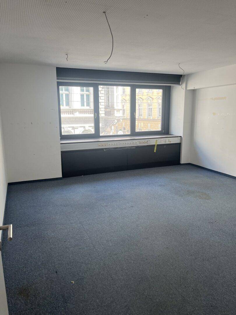 Geräumiges Büro mit blauem Teppichboden, großen Fenstern und viel Tageslicht.