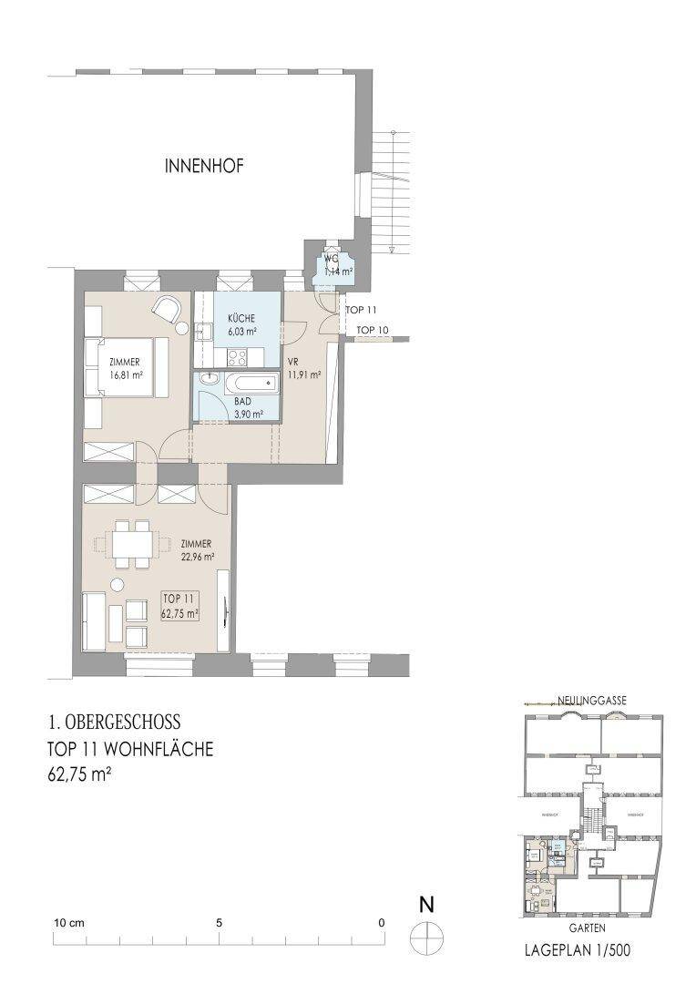 Grundriss der Wohnung im ersten Obergeschoss mit 62,75 m² Wohnfläche.