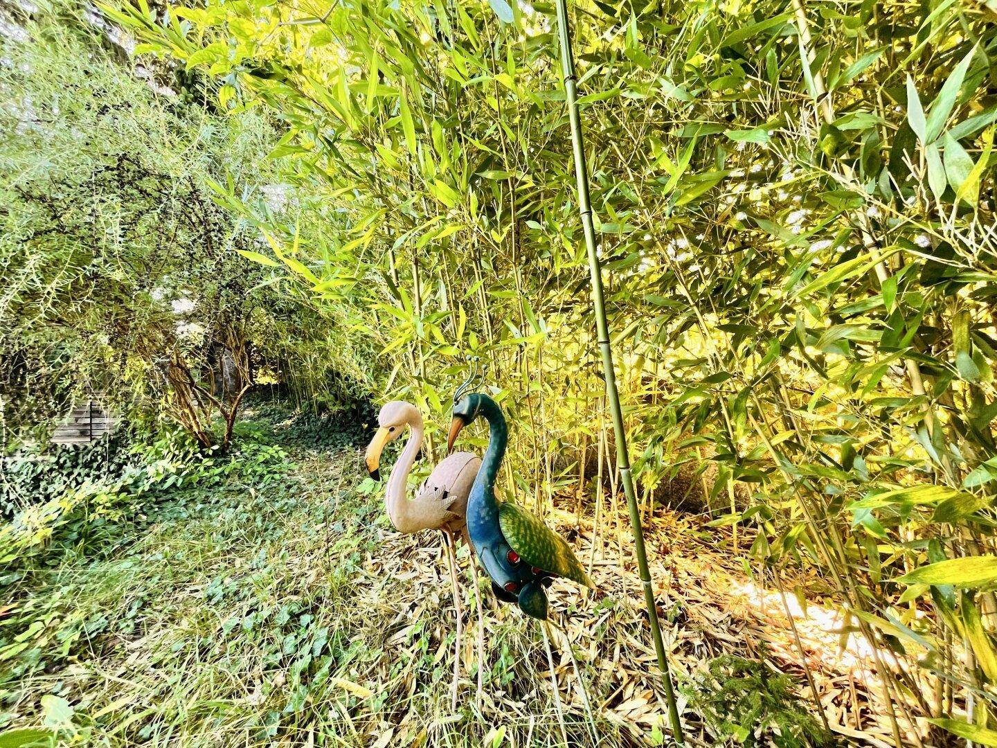 Grüner Gartenbereich mit Bambus und dekorativen Flamingofiguren.