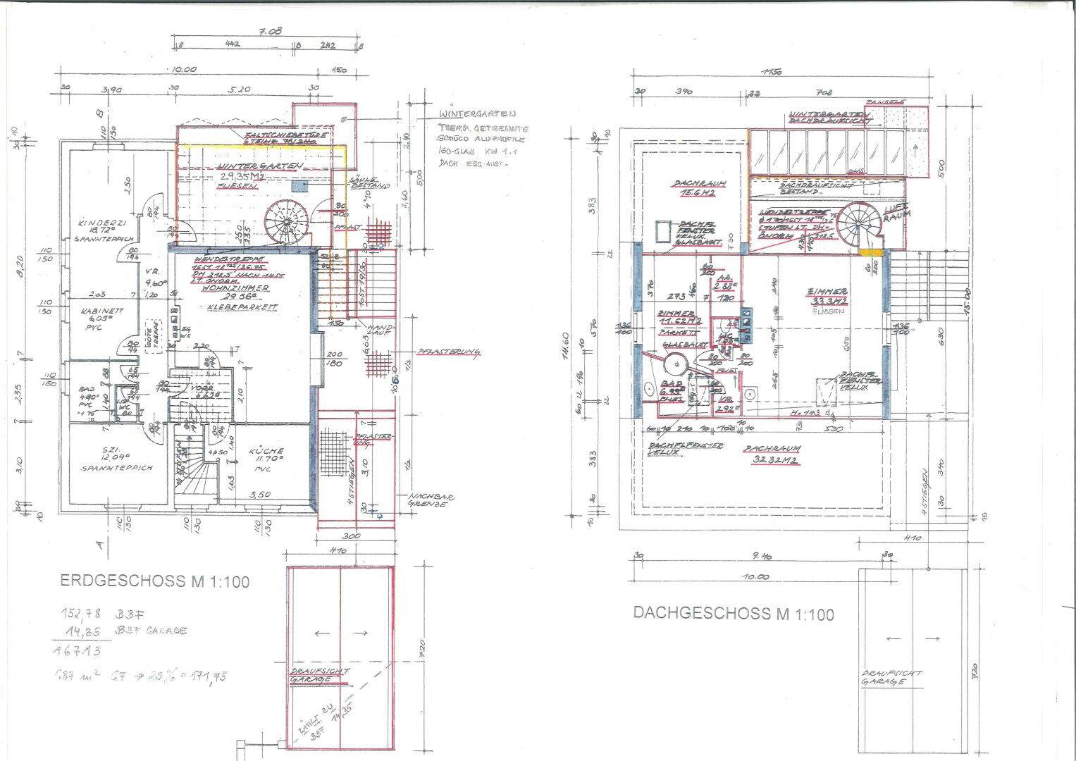 Grundrisse von Erdgeschoss und Dachgeschoss mit Wintergarten und Wendeltreppe.