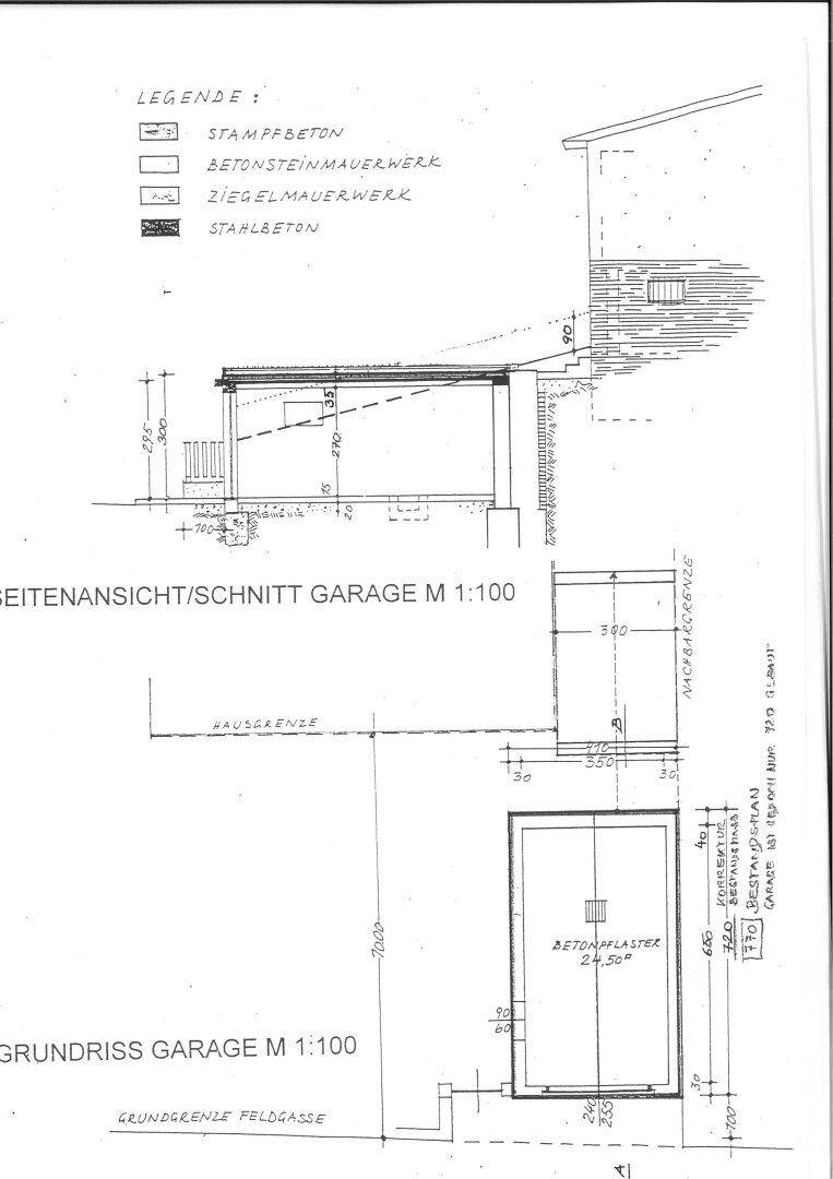 Seitenansicht und Grundriss einer Garage mit Materiallegende und Abmessungen.