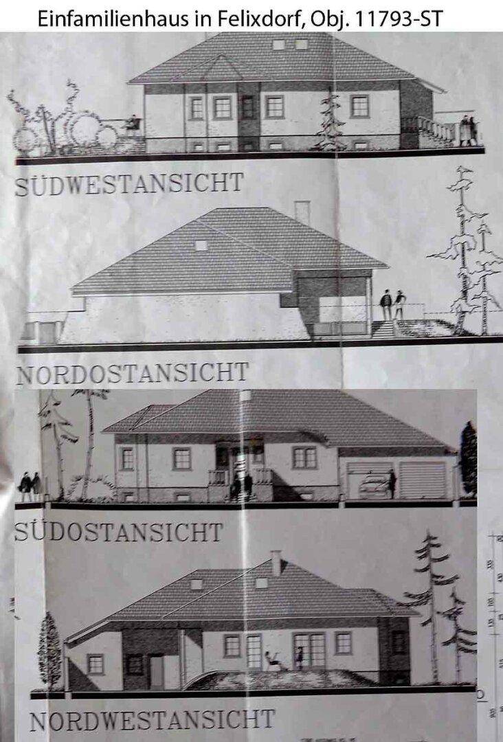 Verschiedene Ansichten des Einfamilienhauses mit Satteldach und integrierter Garage.