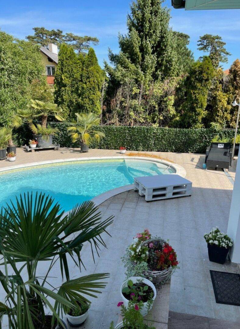 Großer Swimmingpool mit gepflasterter Terrasse und üppiger Bepflanzung im Gartenbereich.
