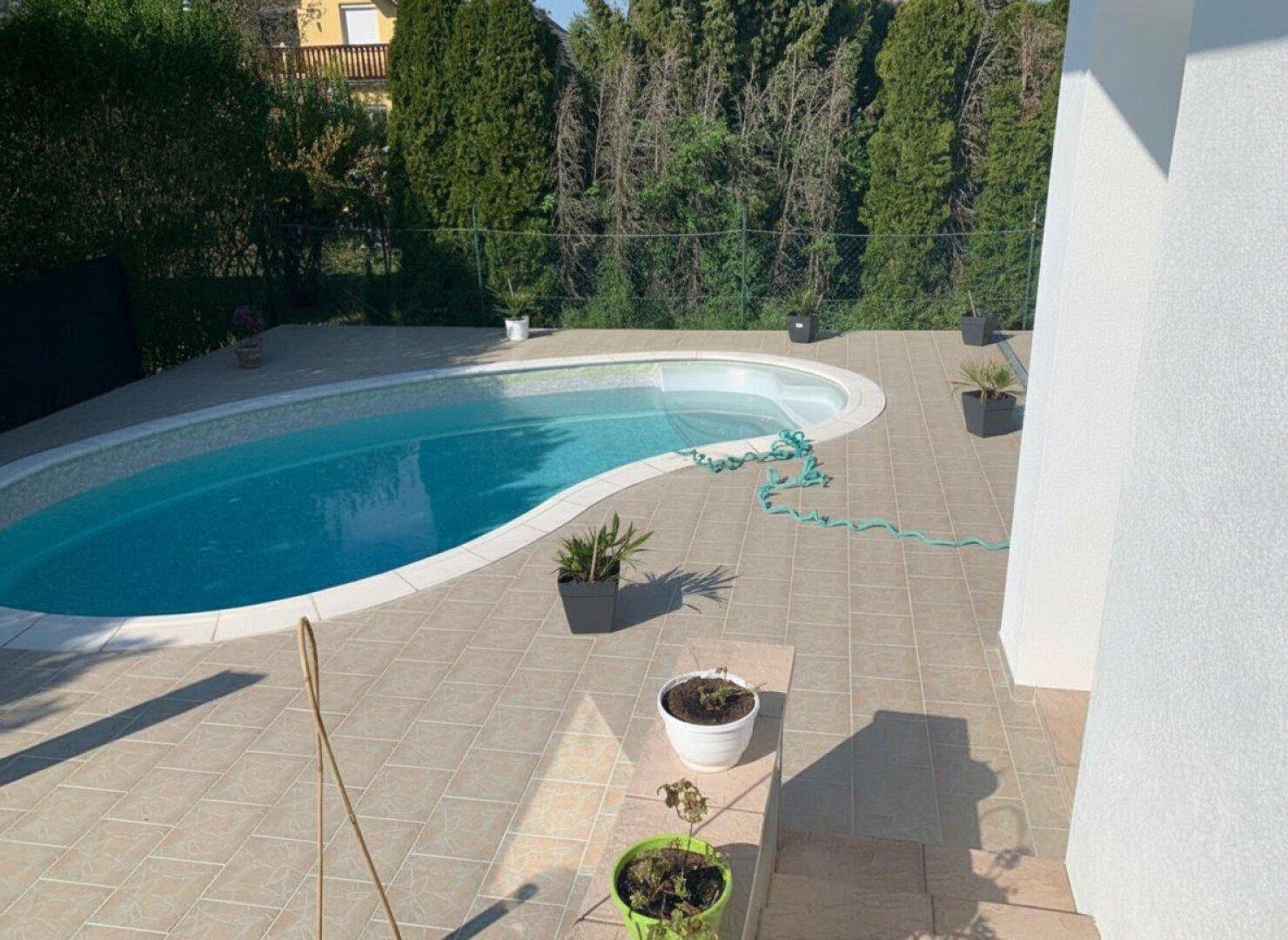 Sauberer Swimmingpool mit umlaufender, heller Terrasse und Topfpflanzen im Garten.