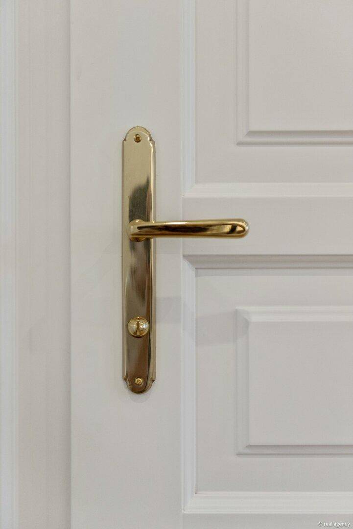 Detailaufnahme einer eleganten goldenen Türklinke an einer weißen Kassettentür.