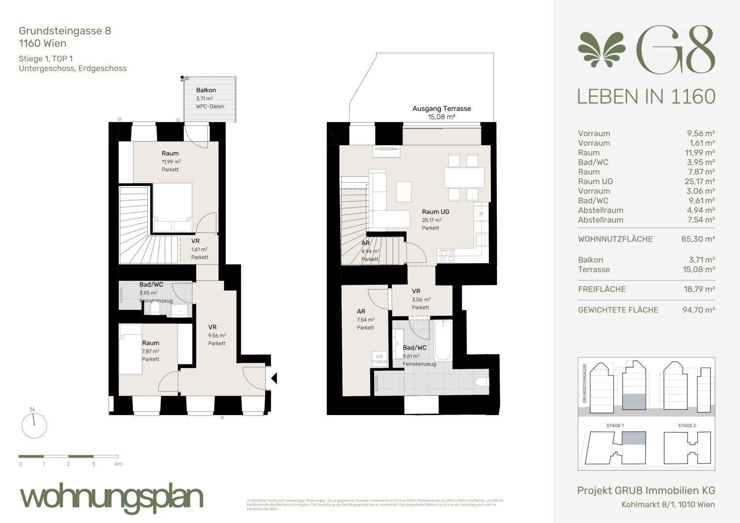 Detaillierter Grundriss einer Maisonette-Wohnung über zwei Ebenen mit Balkon und großer Terrasse.