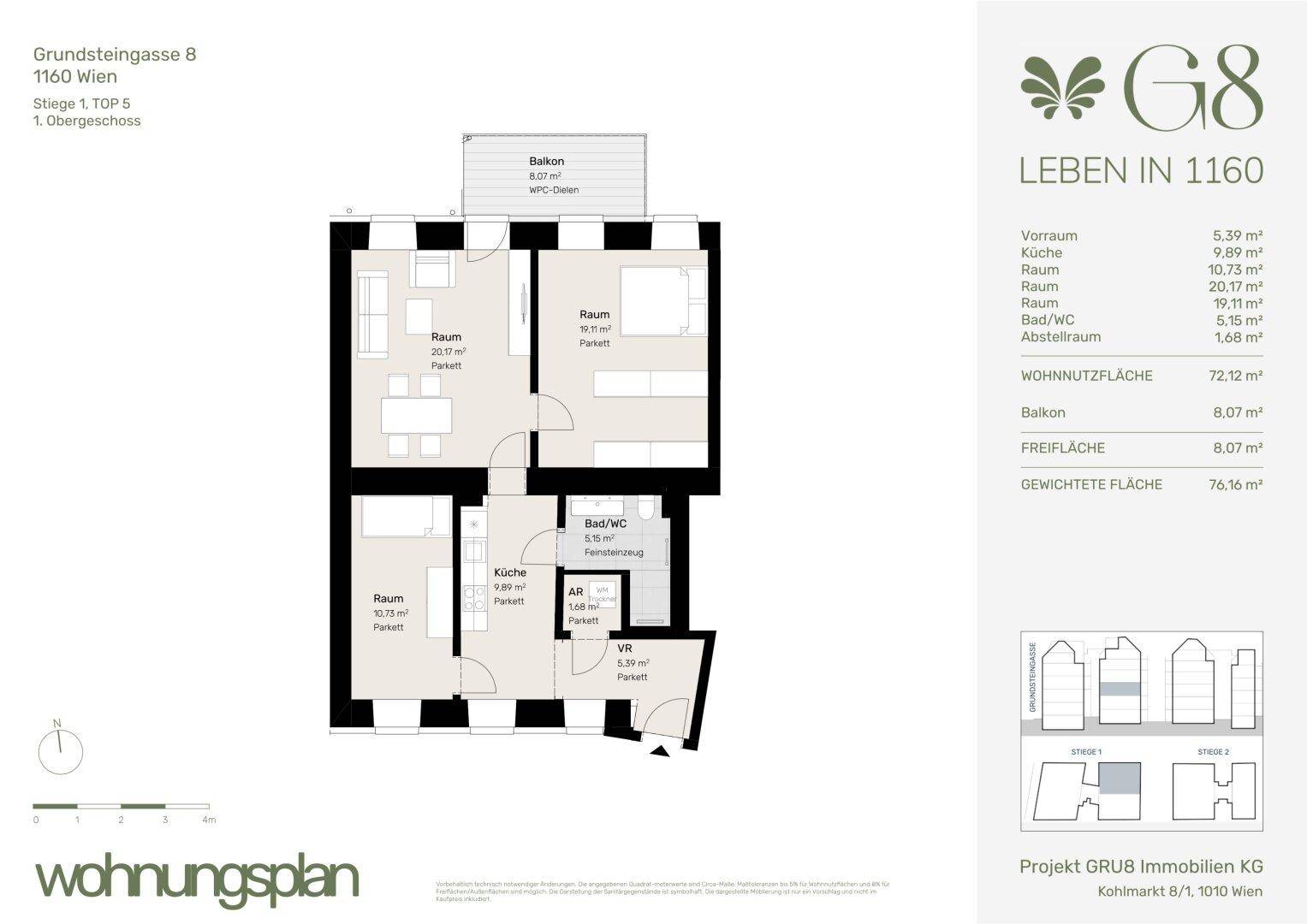 Grundrissplan einer Wohnung mit drei Zimmern, separater Küche, Bad, WC und einem Balkon.