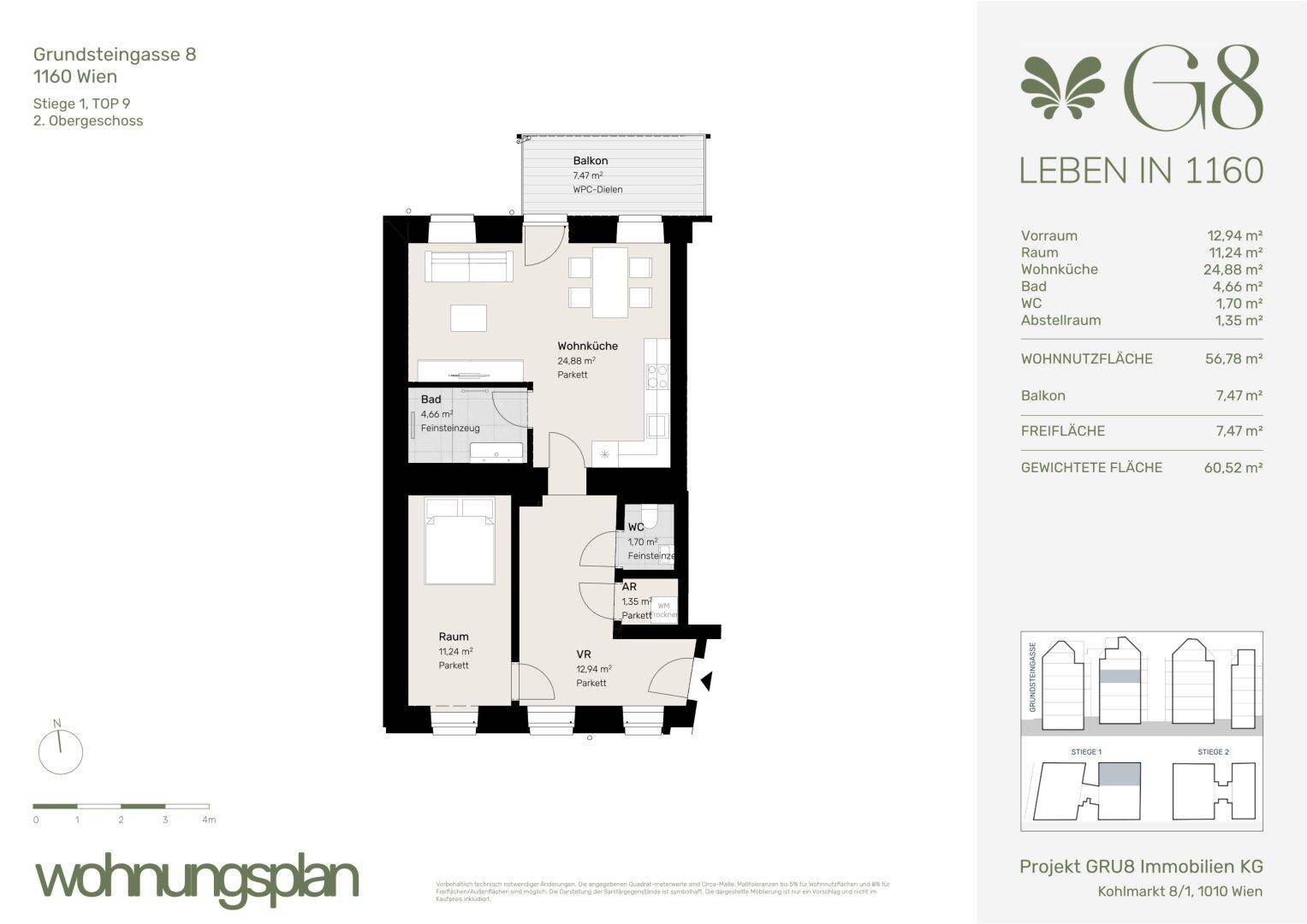 Dieser Grundriss zeigt eine Wohnung mit offenem Wohn-Essbereich, einem Schlafzimmer, Bad, separatem WC und einem Balkon.