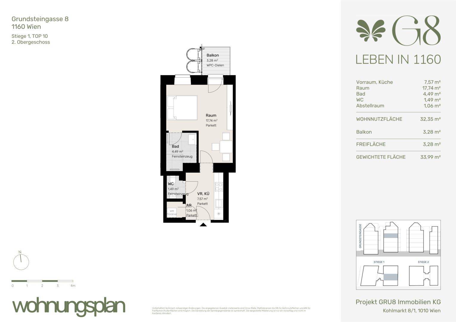 Grundriss einer Wohnung mit offenem Wohn-/Kochbereich, separatem WC und Balkon.