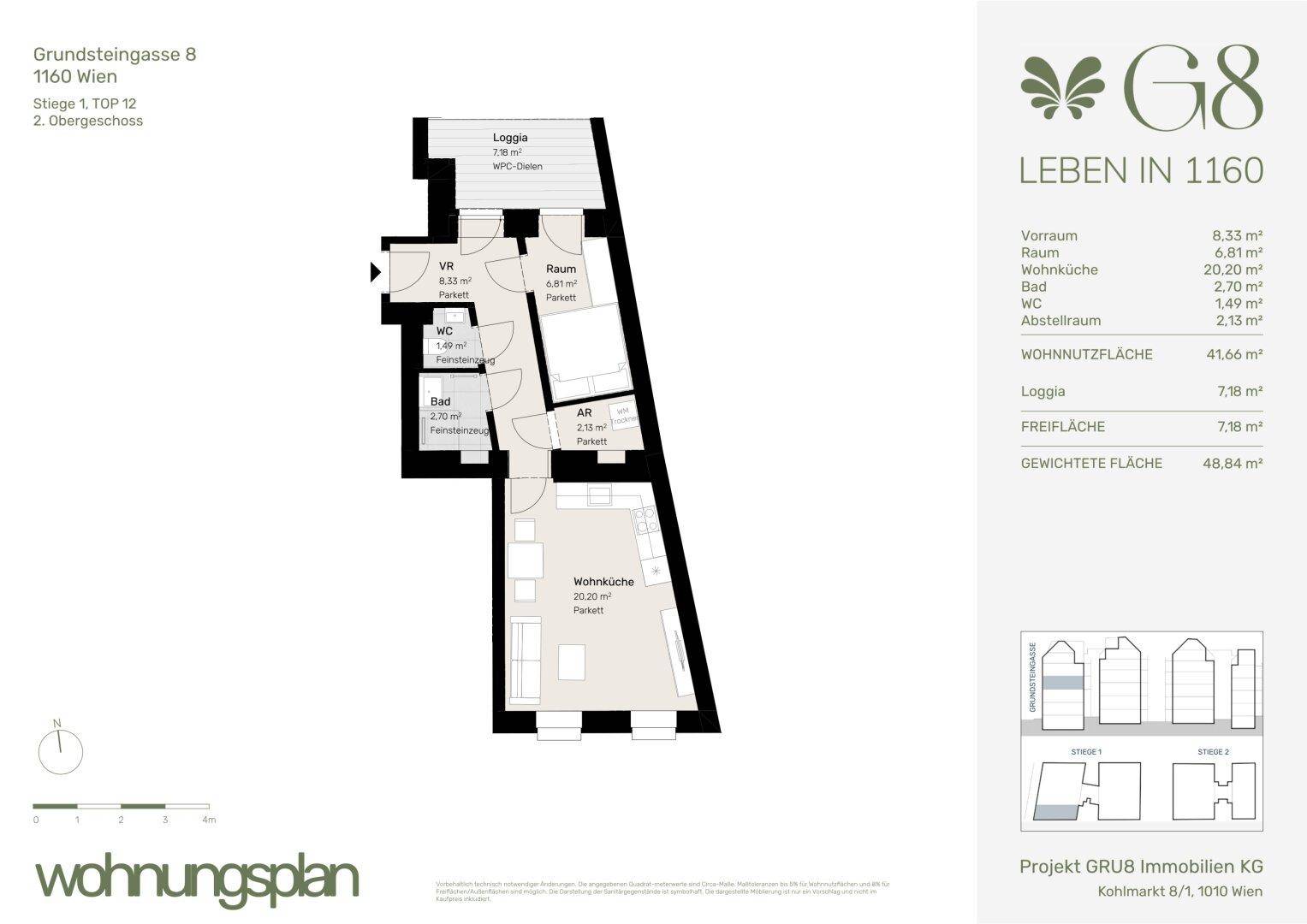 Grundriss einer Wohnung mit offener Wohnküche, einem Bad, separatem WC und einer Loggia.
