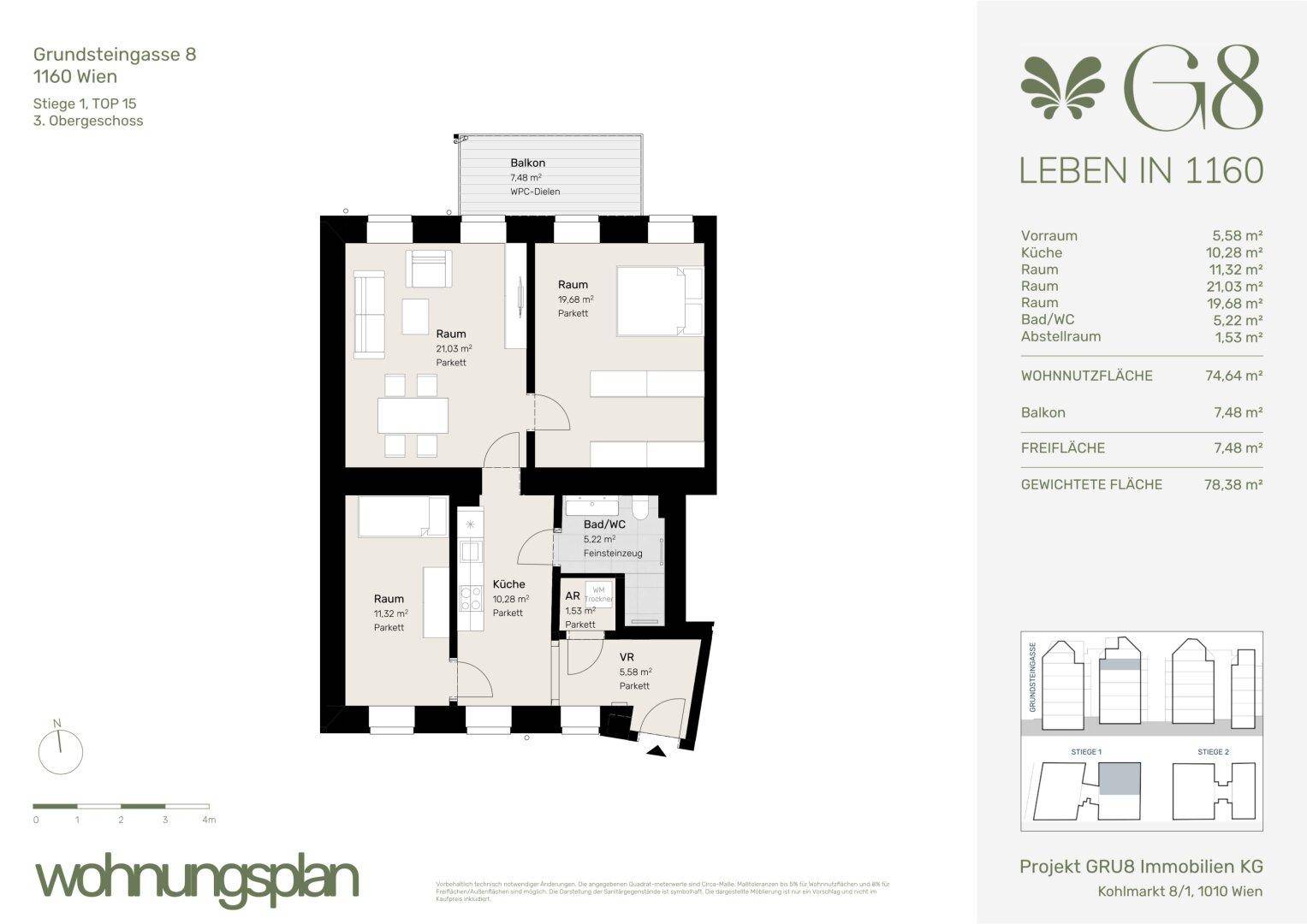 Detaillierter Wohnungsplan mit Raumaufteilung, Balkon und Flächenangaben.