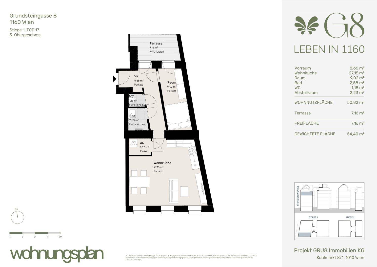 Grundriss einer Wohnung mit Wohnküche, Bad, WC und Terrasse.