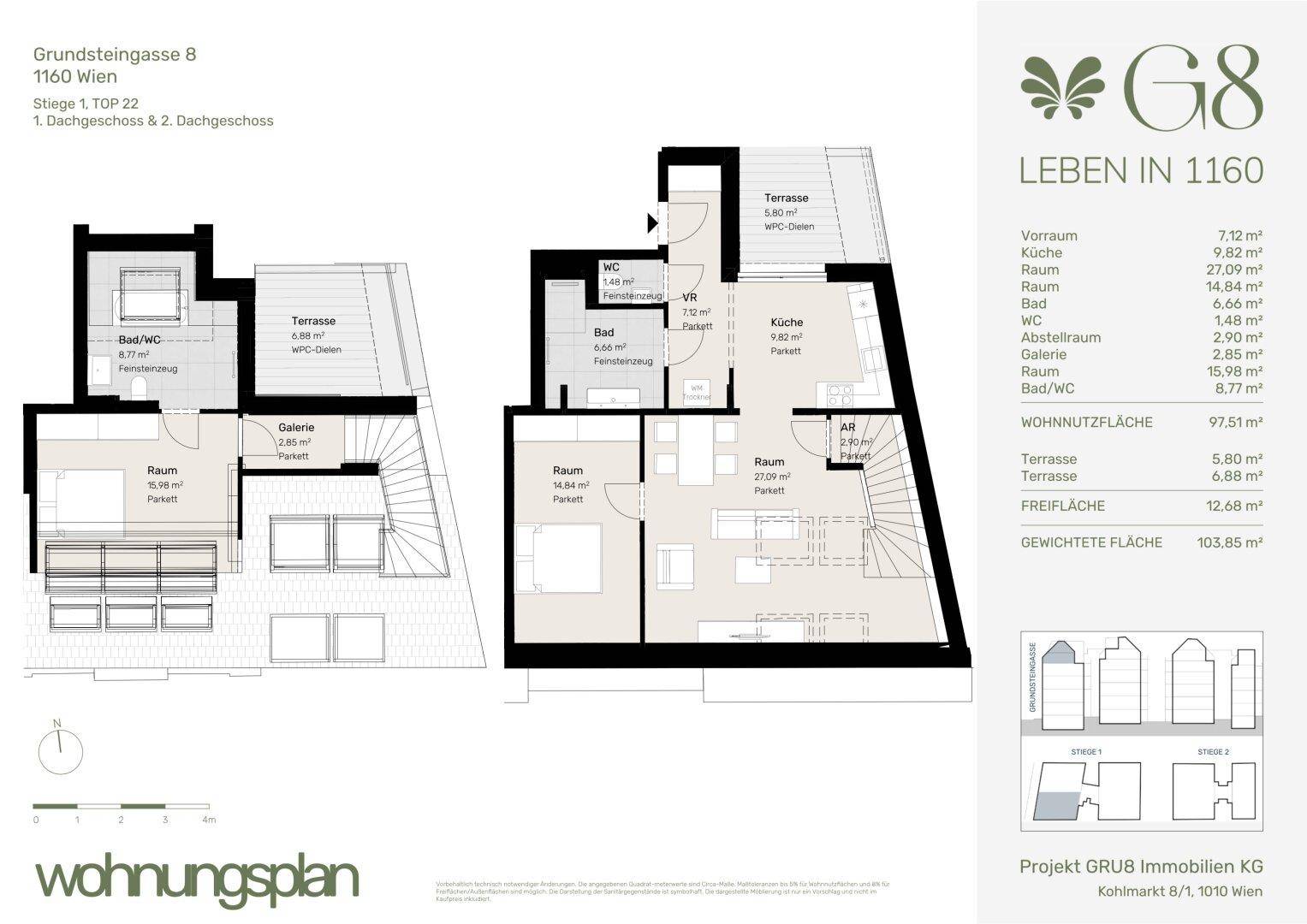 Detaillierter Grundriss einer Maisonette-Wohnung in Wien mit zwei Ebenen und Terrassen.