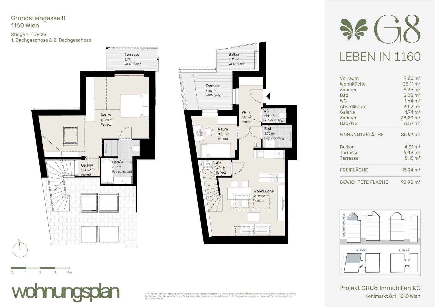 Detaillierter Grundriss einer Maisonette-Wohnung mit zwei Ebenen, Balkon und Terrasse.