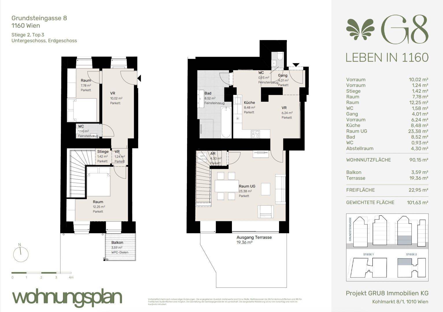 Detaillierter Wohnungsplan mit Grundrissen für Untergeschoss und Erdgeschoss sowie Flächenangaben.