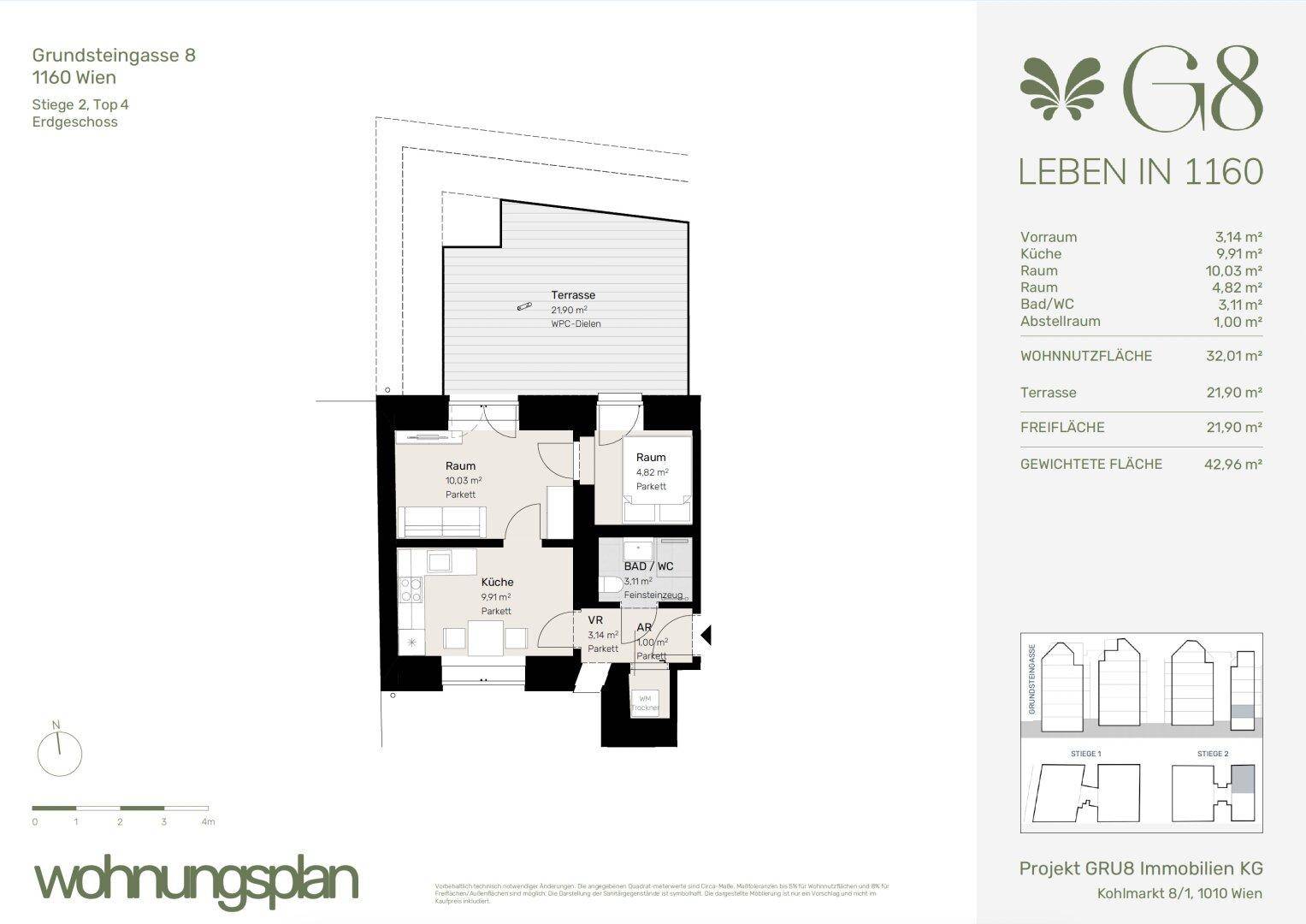 Detaillierter Wohnungsplan mit Terrasse, Küche, Bad und mehreren Zimmern.