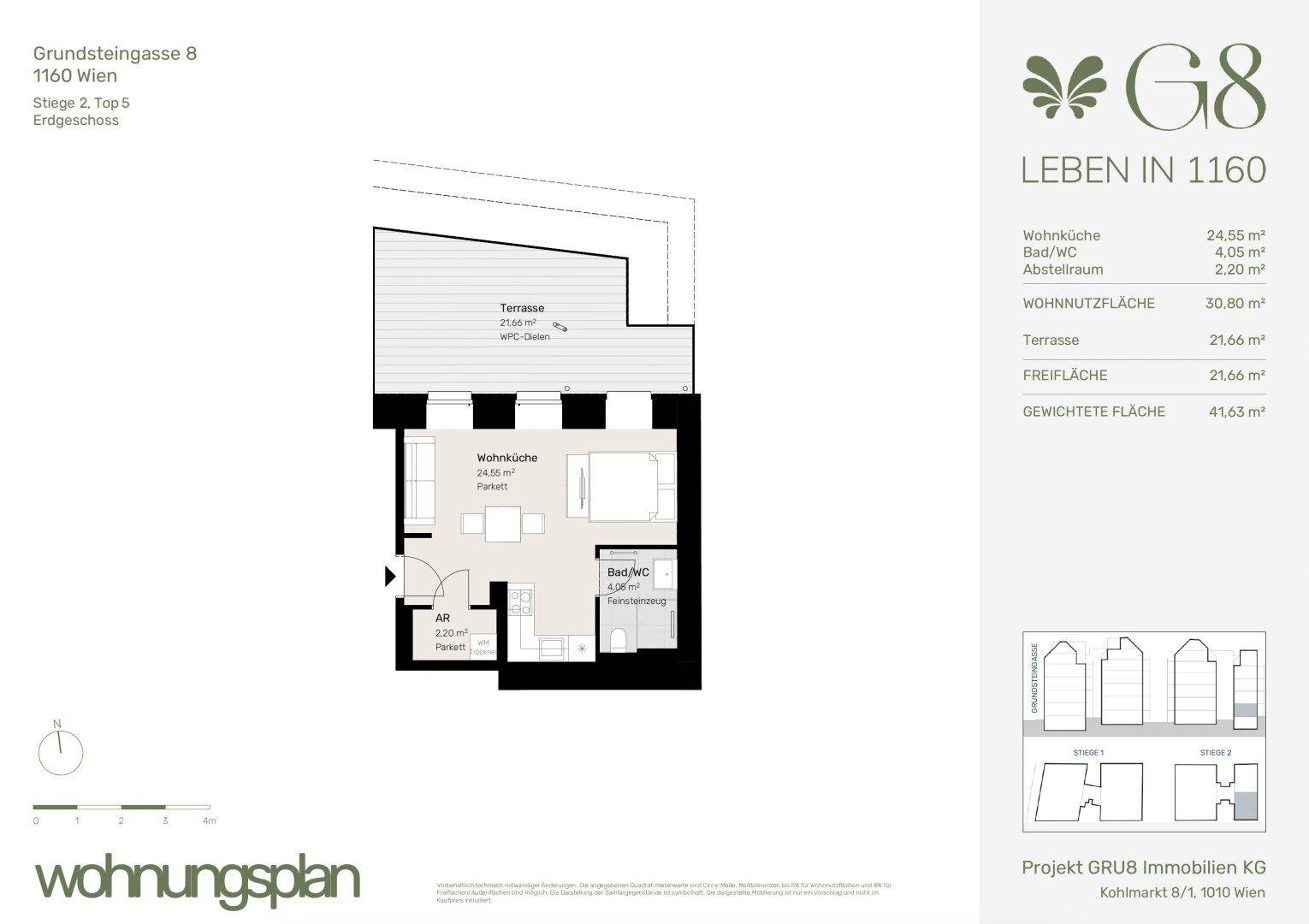 Grundriss einer Wohnung mit Wohnküche, Bad/WC, Abstellraum und Terrasse.