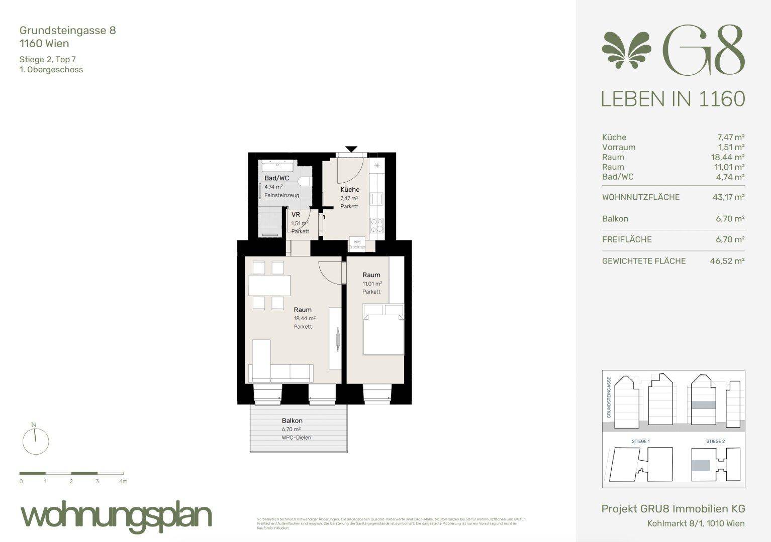 Detaillierter Wohnungsplan mit Raumaufteilung, Flächenangaben und Balkon.