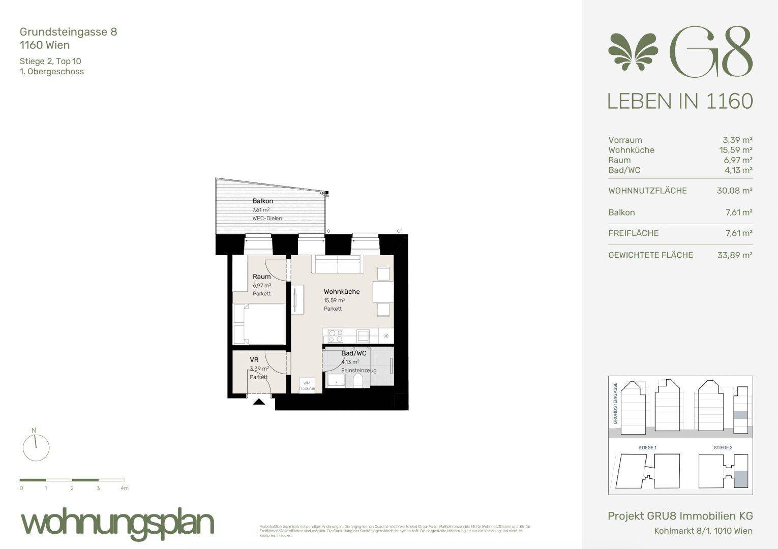 Grundriss des 1. Obergeschosses mit Wohnküche, Schlafzimmer und Balkon.
