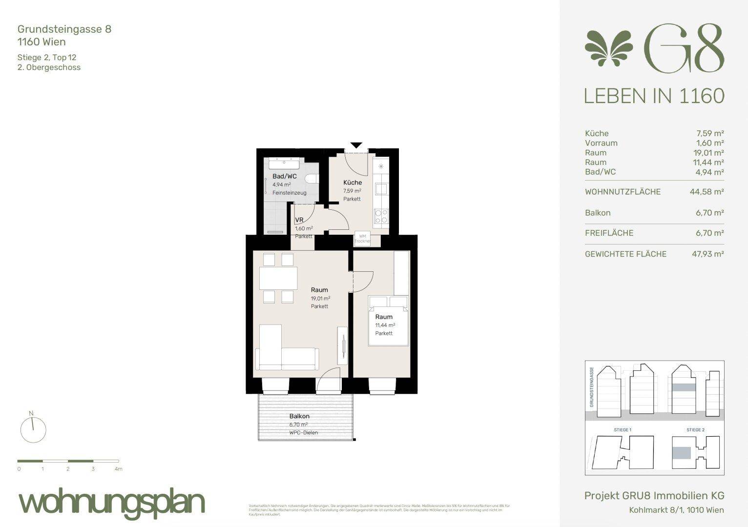 Detaillierter Wohnungsplan mit Raumaufteilung und Flächenangaben für die zweite Etage.