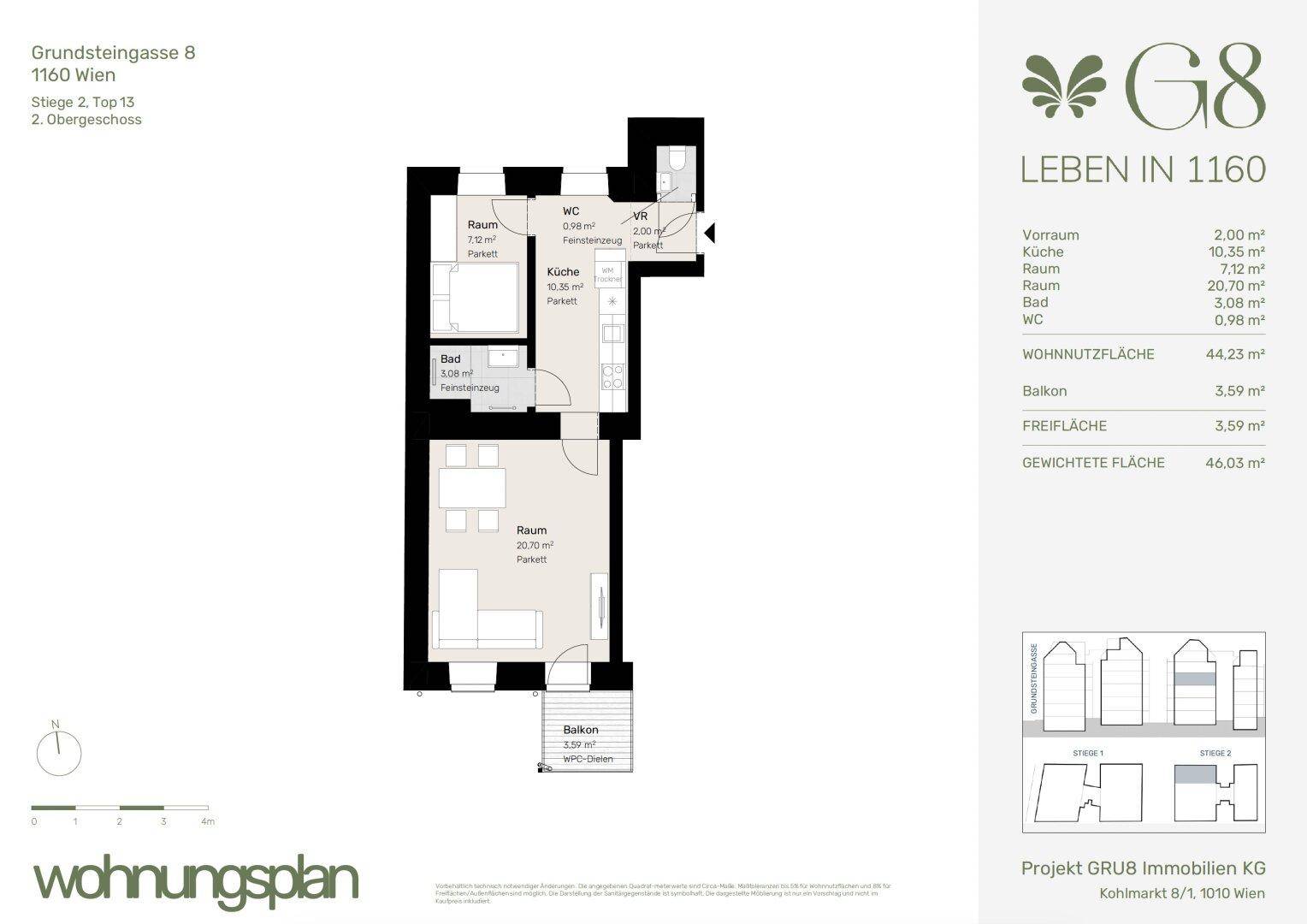 Grundriss der Wohnung mit Raumaufteilung, Balkon und Flächenangaben.