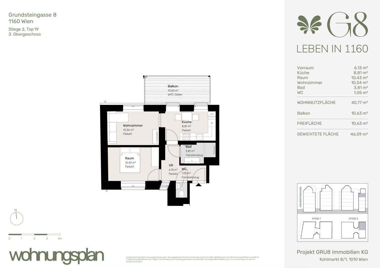 Grundriss einer Wohnung mit Wohnzimmer, Küche, Bad und Balkon.