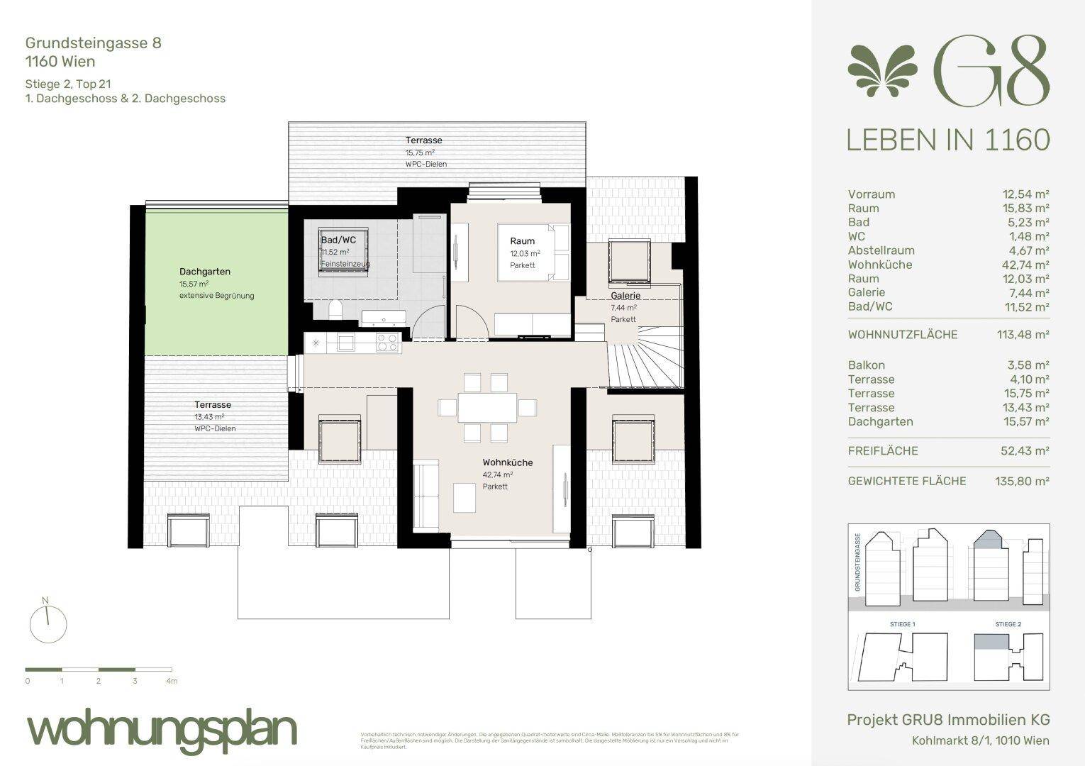 Grundriss des unteren Dachgeschosses mit offenem Wohn-Kochbereich, Bad, Terrasse und Dachgarten.