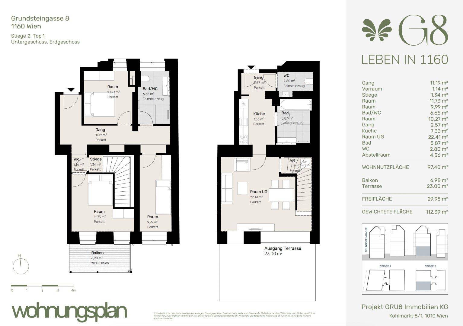 Grundrisspläne zeigen die Aufteilung der Wohnräume mit Balkon und Terrasse.