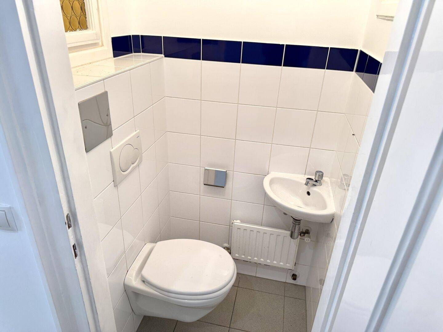 Kleines Gäste-WC mit Toilette, Waschbecken und Fenster, in weiß-blauer Farbgebung gehalten.