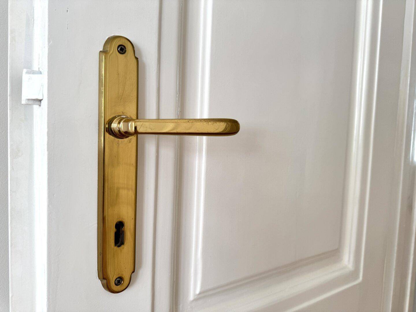 Detailaufnahme eines goldenen Türgriffs an einer weißen Holztür, der den klassischen Stil unterstreicht.