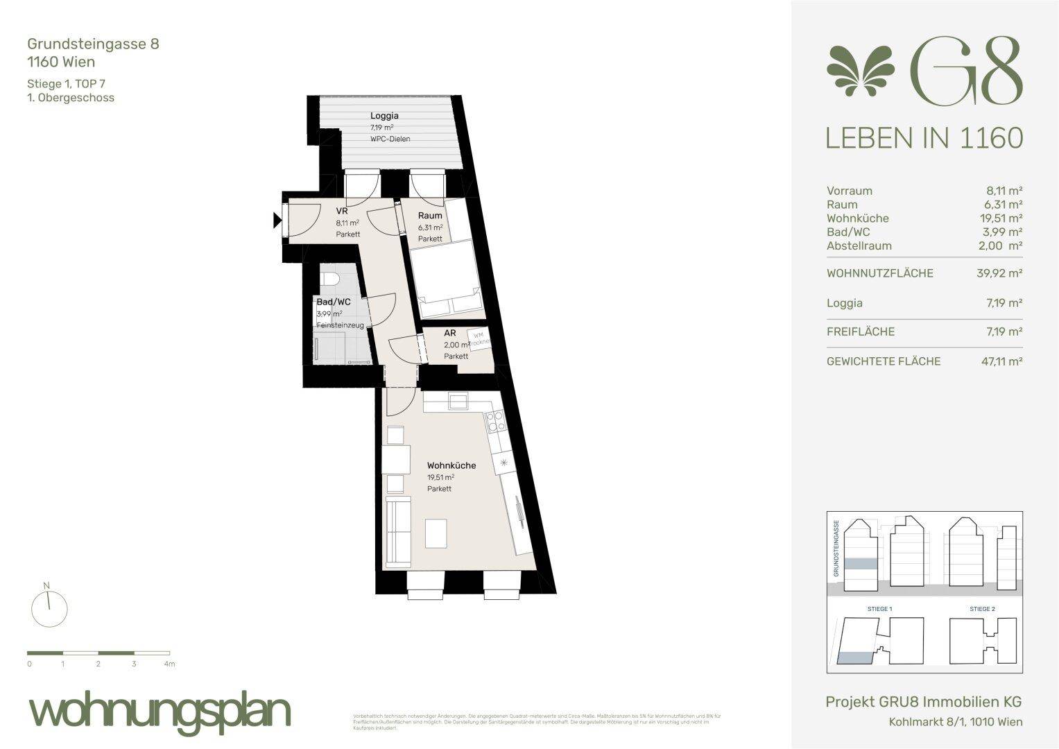 Grundriss einer Wohnung mit offener Wohnküche, einem Schlafzimmer, Bad und Loggia.