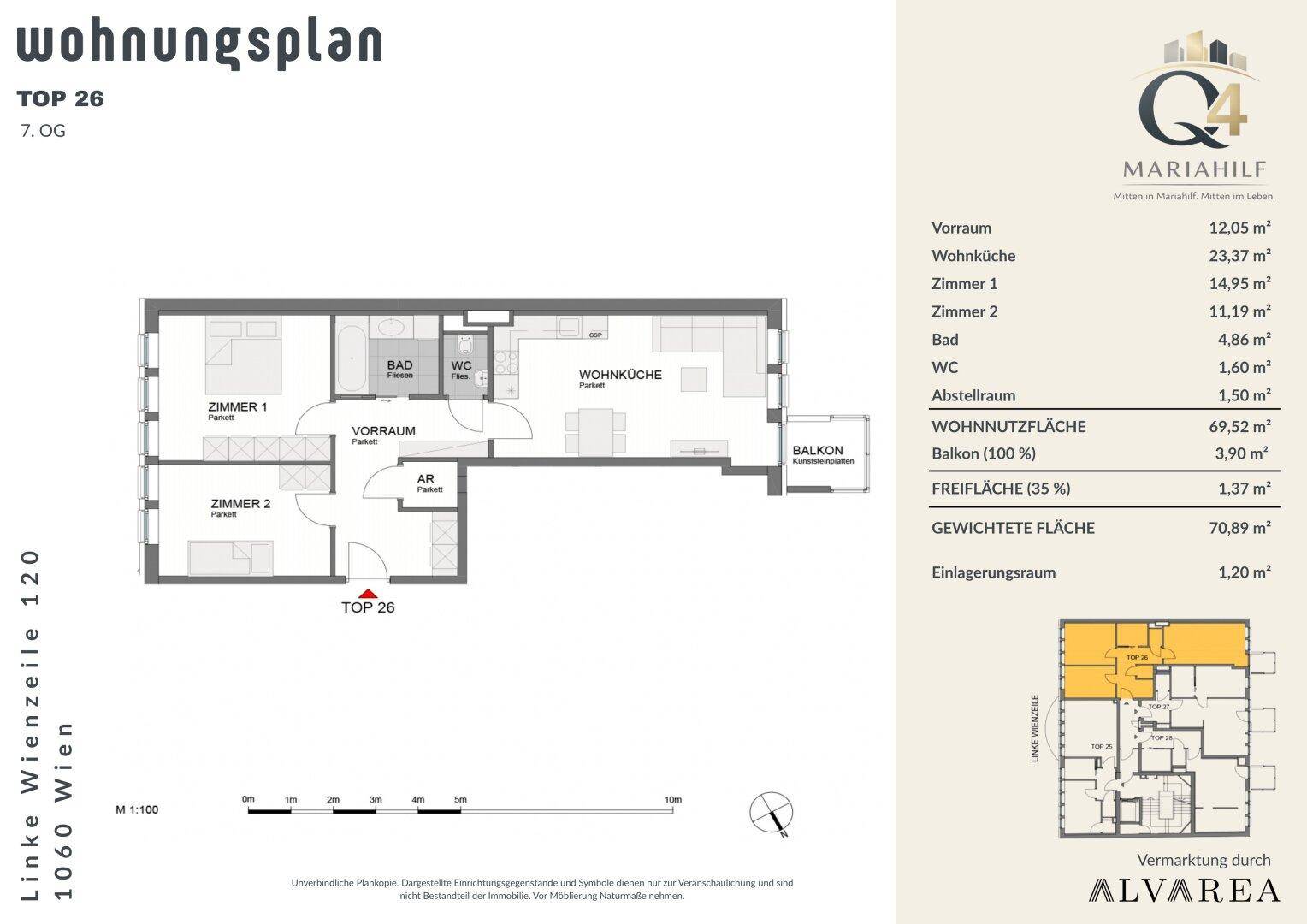 Grundriss der Wohnung Top 26 mit zwei Zimmern, Wohnküche und Balkon.