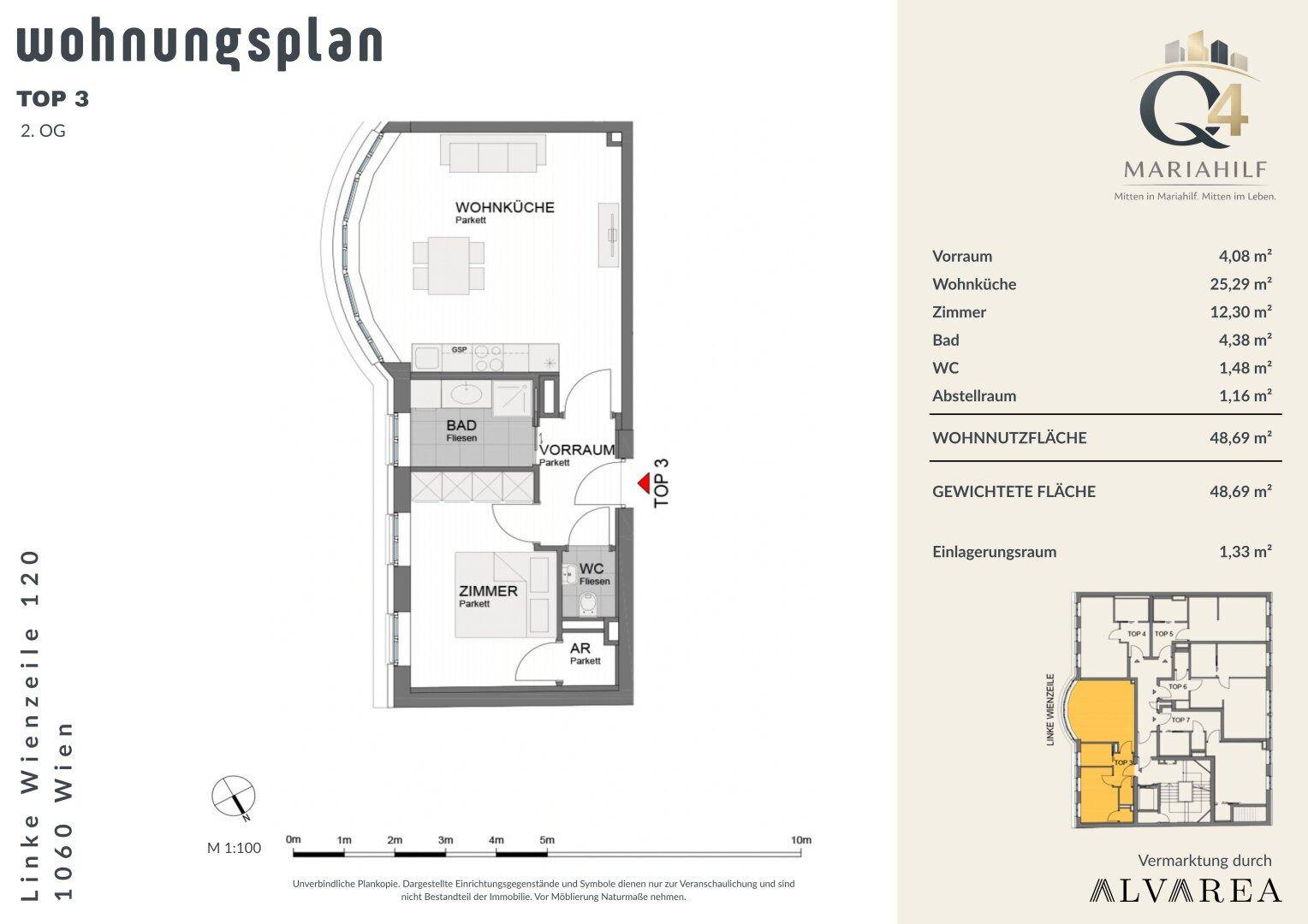Grundriss der Wohnung TOP 3 mit offener Wohnküche, einem Schlafzimmer, Bad und separatem WC.